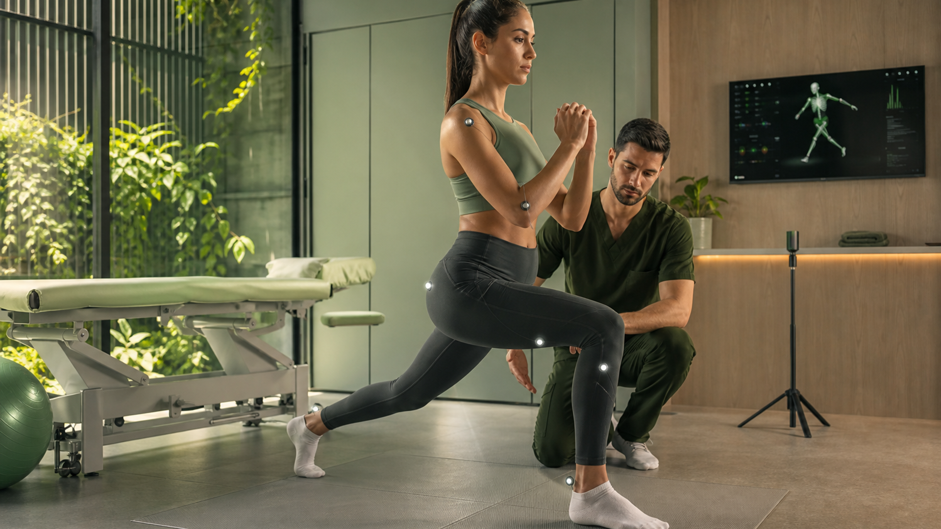 Clínica moderna de healthtech com sensores de movimento, fotografia editorial sobre inovação em saúde em Portugal.