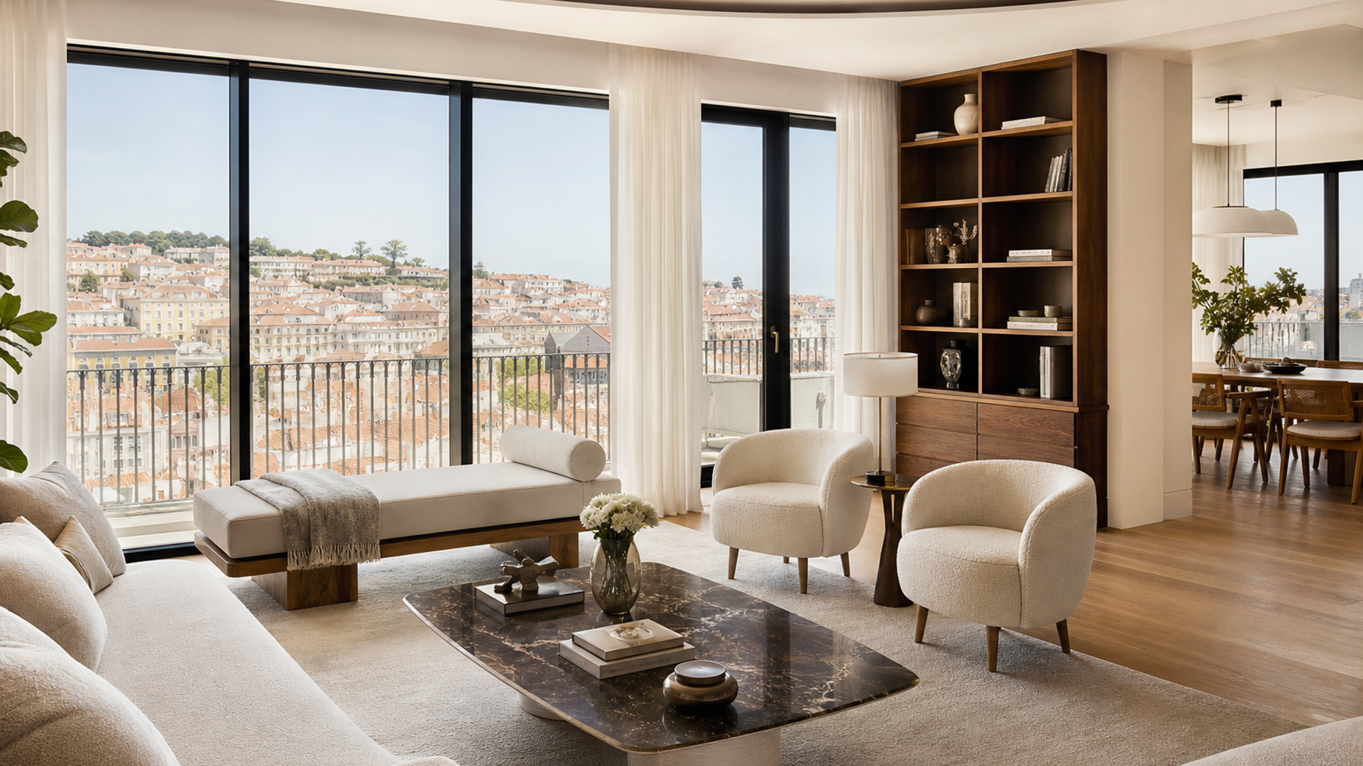 Interior de apartamento de luxo em Lisboa com vista urbana, fotografia editorial de imobiliário premium português.