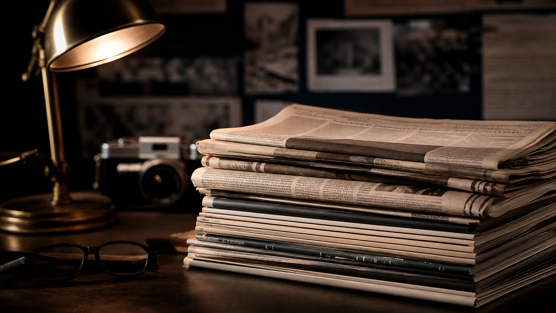 Jornais e revistas empilhados sob luz âmbar, fotografia editorial que representa a revista de negócios da Gestão Empresarial.