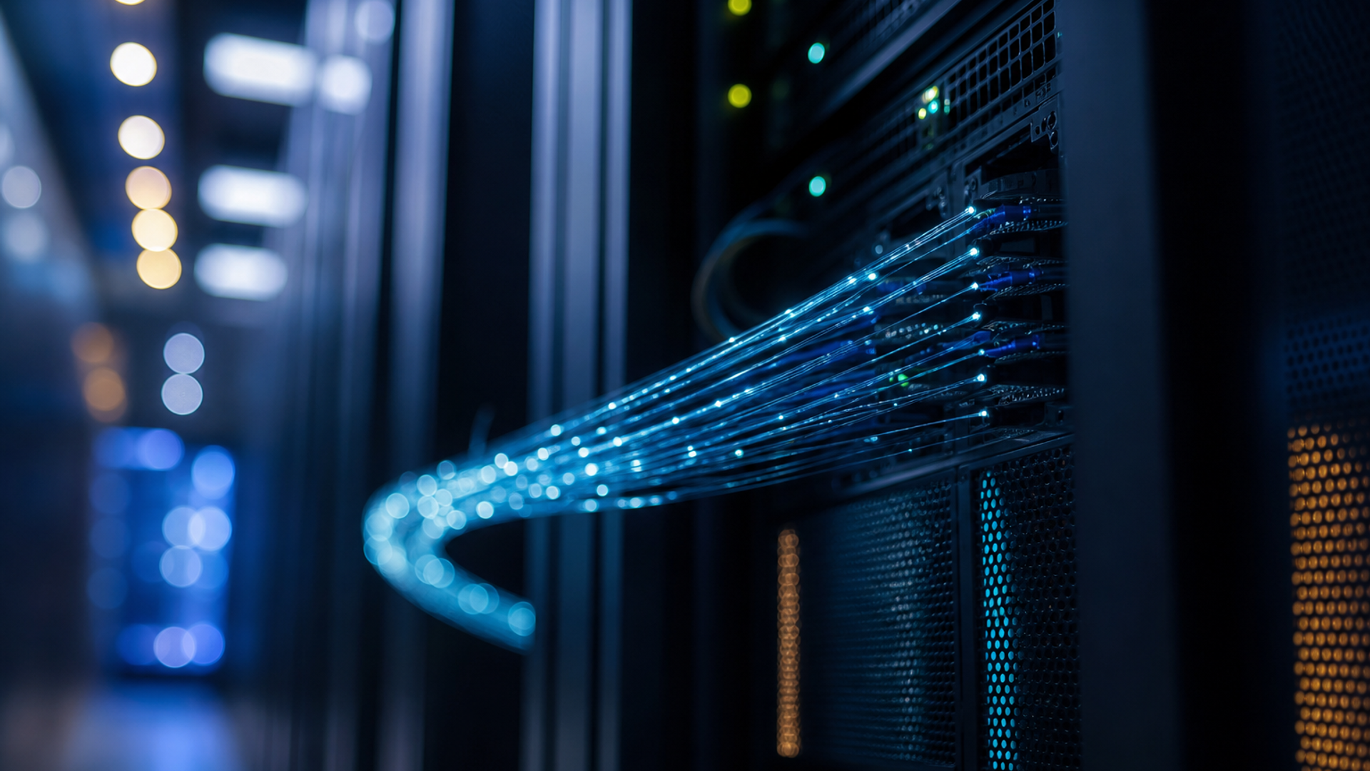 Infraestrutura de rede e cibersegurança com fibra ótica e servidores em bokeh, fotografia editorial tecnológica.